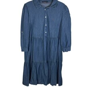 Tommy Hilfiger Chambray Tiered Shirt Dress Button Front Women's Size 10 Blue